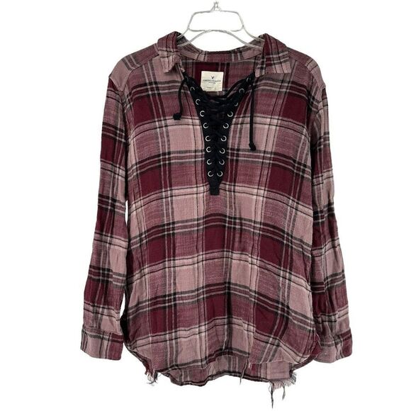 American Eagle Outfitters Tops - American Eagle Flannel Top Distressed Red Oversized Fit Lace Up V Neck Size S